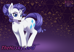 Size: 2543x1797 | Tagged: safe, alternate version, artist:thehuskylord, derpibooru import, rarity, pony, unicorn, butt, female, horn, jewelry, large butt, looking at you, mare, multiple variants, smiling, solo