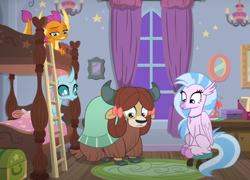 Size: 956x687 | Tagged: safe, derpibooru import, screencap, ocellus, silverstream, smolder, yona, changedling, changeling, classical hippogriff, dragon, hippogriff, yak, school raze, bow, bunk bed, cloven hooves, colored hooves, cropped, dragoness, female, group, hair bow, jewelry, ladder, looking down, monkey swings, necklace, quartet, stool, window