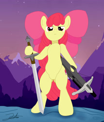 Size: 6000x7000 | Tagged: safe, artist:stormythetrooper, derpibooru import, apple bloom, earth pony, pony, absurd resolution, bipedal, crossbow, female, filly, foal, hoof hold, solo, sword, weapon