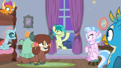 Size: 1600x898 | Tagged: safe, derpibooru import, screencap, gallus, ocellus, sandbar, silverstream, smolder, yona, changedling, changeling, classical hippogriff, dragon, earth pony, griffon, hippogriff, pony, yak, school raze, bow, bunk bed, cloven hooves, colored hooves, crowbar, dragoness, eyes closed, female, hair bow, jewelry, male, monkey swings, necklace, stool, student six, window