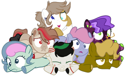 Size: 1614x984 | Tagged: safe, artist:fuckomcfuck, derpibooru import, edit, oc, oc:crumble, oc:extra-terrestrial, oc:half pipe, oc:party tricks, oc:scribbles, oc:sweet dreams, earth pony, pegasus, pony, base used, demi-girl, female, male, next generation, nonbinary, simple background, transparent background