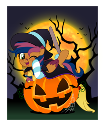 Size: 4188x5000 | Tagged: safe, artist:jhayarr23, derpibooru import, oc, oc only, oc:solar comet, pegasus, bandaid, bow, clothes, costume, cute, halloween, halloween costume, hat, holiday, jack-o-lantern, one eye closed, pumpkin, sock, socks, solo, striped socks, tail, tail bow, wink, witch costume, witch hat