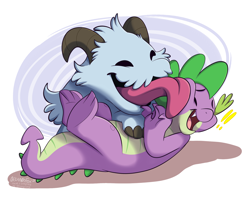 Size: 1838x1480 | Tagged: safe, artist:thedoggygal, derpibooru import, spike, dragon, cute, laughing, league of legends, licking, poro, simple background, spikabetes, squishy cheeks, tongue, tongue out, white background