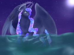 Size: 4057x3027 | Tagged: safe, artist:inisealga, derpibooru import, princess luna, alicorn, pony, commission, female, halo, mare, moon, night, night sky, outdoors, sky, solo, spread wings, water, wings