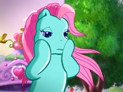 Size: 640x480 | Tagged: safe, derpibooru import, screencap, minty, earth pony, pony, a very pony place, g3, positively pink, boop, female, lidded eyes, mare, self-boop, solo