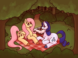 Size: 1280x960 | Tagged: safe, artist:theclister, derpibooru import, fluttershy, rarity, pegasus, pony, unicorn, female, flarity, forest, lesbian, looking at each other, looking at someone, mare, picnic, picnic blanket, shipping