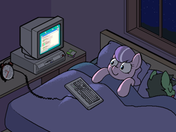 Size: 640x480 | Tagged: source needed, safe, artist:darkdoomer, derpibooru import, diamond tiara, oc, oc:anon filly, earth pony, pony, 4chan, bed, computer, dark, desk, duo, female, filly, foal, ibm ps/2, keyboard, looking at something, monitor, night, sleeping, wide eyes, window