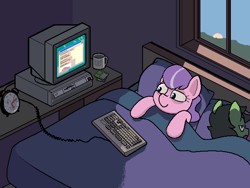 Size: 640x480 | Tagged: source needed, safe, artist:darkdoomer, derpibooru import, diamond tiara, oc, oc only, oc:anon filly, pony, alarm clock, bed, clock, computer, cup, cute, duo, female, filly, floppy disk, foal, ibm ps/2, keyboard, looking at something, monitor, morning, sleep deprivation