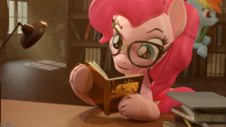 Size: 3840x2160 | Tagged: safe, artist:xppp1n, moondancer, pinkie pie, rainbow dash, 3d, blender, blender cycles, desk lamp, flying, glasses, library, reading