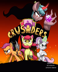 Size: 3000x3700 | Tagged: safe, artist:begoliah, derpibooru import, apple bloom, cozy glow, scootaloo, sweetie belle, earth pony, pegasus, pony, unicorn, comic:crusaders, amputee, cover, cover art, crystal, cutie mark crusaders, fire, magic, prosthetics, red eyes