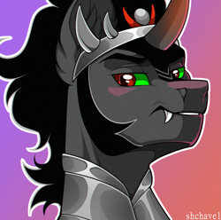 Size: 2315x2300 | Tagged: safe, artist:shchavel, derpibooru import, king sombra, pony, unicorn, armor, art, bust, commission, commission open, curved horn, ear fluff, ears, fangs, gradient background, horn, male, simple background, solo, stallion