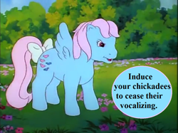 Size: 961x720 | Tagged: safe, derpibooru import, edit, edited screencap, screencap, wind whistler, g1, my little pony 'n friends, bow, calm your tits, implied vulgar, mish mash melee, pun, reaction image, sesquipedalian loquaciousness, speech, speech bubble, tail, tail bow, talking