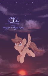 Size: 2614x4096 | Tagged: safe, artist:melodylibris, derpibooru import, oc, oc only, pegasus, pony, collaboration, commission, female, flying, looking up, mare, solo, spread wings, sunset, text, wings, your character here
