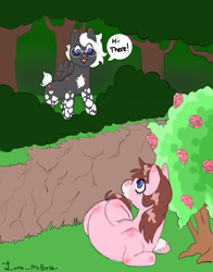 Size: 656x836 | Tagged: safe, artist:luna_mcboss, derpibooru import, oc, oc only, oc:double stuff, oc:yamire, earth pony, pegasus, pony, blank flank, blaze (coat marking), blue eyes, brown mane, chest fluff, clydesdale, coat markings, complex background, earth pony oc, facial markings, feathered fetlocks, feathered wings, female, filly, flower, foal, forest, glasses, gray coat, mottled coat, pegasus oc, pink coat, rose, short mane, socks (coat marking), spread wings, white mane, wings