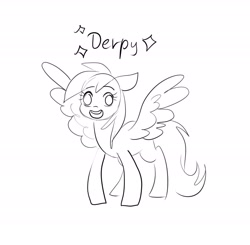 Size: 2048x2005 | Tagged: safe, artist:katputze, derpibooru import, derpy hooves, pegasus, pony, black and white, cute, derpabetes, female, grayscale, looking at you, mare, monochrome, name, open mouth, open smile, simple background, sketch, smiling, smiling at you, solo, sparkles, spread wings, white background, wings