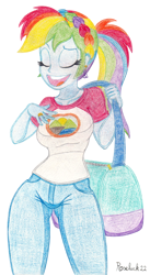 Size: 1050x1920 | Tagged: safe, artist:roseluck, derpibooru import, rainbow dash, human, equestria girls, alternate hairstyle, bag, big breasts, breasts, camp everfree logo, camp everfree outfits, clothes, colored pencil drawing, cutie mark accessory, cutie mark earrings, denim, ear piercing, earring, eyes closed, female, hand on chest, holding, implied dashtavia, jeans, jewelry, open mouth, open smile, pants, piercing, ponytail, rainboob dash, ring, shading, shirt, shoulder bag, simple background, smiling, solo, standing, t-shirt, traditional art, underass, wedding ring, white background, wide hips