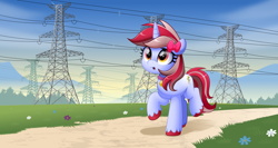Size: 1502x800 | Tagged: safe, artist:jhayarr23, derpibooru import, oc, oc only, pony, unicorn, bow, commission, female, flower, hair bow, mare, open mouth, power line, solo, walking