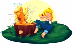 Size: 3489x2160 | Tagged: safe, artist:applephil, derpibooru import, applejack, earth pony, human, pony, barefoot, bucket, child, clothes, cute, duo, eyes closed, feet, female, freckles, head shake, high res, human ponidox, humanized, jackabetes, mare, open mouth, overalls, pigtails, self paradox, self ponidox, shoulder freckles, simple background, wash bucket, wet, wet mane, white background, younger