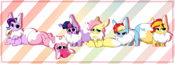 Size: 8300x3048 | Tagged: safe, artist:kittyrosie, derpibooru import, part of a set, fluttershy, pinkie pie, rainbow dash, starlight glimmer, sunset shimmer, twilight sparkle, :3, >:3, abstract background, absurd resolution, blushing, chest fluff, cute, cuteness overload, daaaaaaaaaaaw, dashabetes, diapinkes, drop shadow, ear fluff, ears, eevee, floating heart, fluffy, food, glimmerbetes, heart, kittyrosie is trying to murder us, looking at you, open mouth, open smile, paw pads, paws, pineapple pizza, pizza, pokefied, pokémon, shimmerbetes, shy, shyabetes, simple background, sitting, smiling, solo, species swap, sweet dreams fuel, twiabetes, underpaw, weapons-grade cute