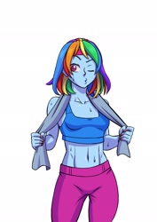 Size: 1448x2048 | Tagged: safe, artist:brother-tico, derpibooru import, rainbow dash, human, equestria girls, belly button, clothes, female, midriff, one eye closed, simple background, sports bra, sweat, sweatband, towel, white background