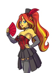 Size: 578x818 | Tagged: safe, artist:brother-tico, derpibooru import, sunset shimmer, human, equestria girls, bare shoulders, choker, clothes, evening gloves, eyeshadow, fan, fingerless elbow gloves, fingerless gloves, garter belt, gloves, hat, lipstick, long gloves, looking at you, makeup, pink eyeshadow, red lipstick, simple background, sleeveless, socks, stockings, strapless, thigh highs, top hat, white background