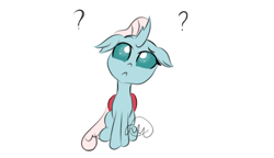 Size: 1735x1000 | Tagged: safe, artist:girlduog, derpibooru import, ocellus, changeling, confused, cute, diaocelles, ears, female, floppy ears, front view, head tilt, question mark, raised eyebrow, simple background, sitting, solo, solo female, watermark, white background