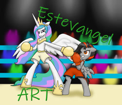 Size: 964x829 | Tagged: safe, artist:estevangel, derpibooru import, princess celestia, oc, oc:dusk strike, alicorn, pegasus, boxing, boxing gloves, boxing ring, clothes, female, sports