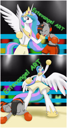 Size: 1280x2450 | Tagged: safe, artist:estevangel, derpibooru import, princess celestia, oc, oc:dusk strike, alicorn, pegasus, boxing, boxing gloves, boxing ring, clothes, female, knocked out, sports