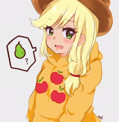 Size: 2008x2048 | Tagged: safe, artist:moh_mlp2, derpibooru import, applejack, human, applejack's hat, clothes, cowboy hat, cute, cutie mark on clothes, female, food, hat, hoodie, humanized, jackabetes, jacket, looking at you, mare, open mouth, pear, question mark, simple background, solo, speech bubble, white background