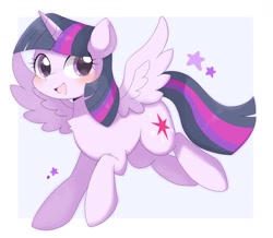 Size: 1722x1500 | Tagged: safe, artist:ginmaruxx, derpibooru import, twilight sparkle, twilight sparkle (alicorn), alicorn, pony, abstract background, blushing, cute, female, horn, looking at you, mare, simple background, smiling, smiling at you, solo, spread wings, stars, twiabetes, white background, wings