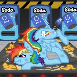 Size: 2000x2000 | Tagged: safe, artist:nootaz, derpibooru import, rainbow dash, pegasus, pony, banana peel, conveyor belt, slumped, soda machine, space station 13, tripped