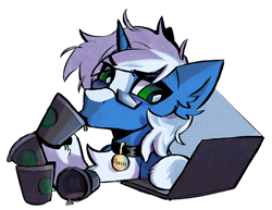 Size: 3138x2420 | Tagged: safe, artist:kotya, derpibooru import, oc, oc only, oc:passi deeper, pony, unicorn, bust, coat markings, coffee, collar, computer, cup, drink, eyebrows, eyebrows visible through hair, glasses, glowing, green eyes, horn, laptop computer, looking at something, male, pet play, pet tag, pony pet, portrait, simple background, socks (coat marking), solo, stallion, transparent background, unicorn oc