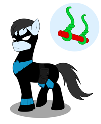 Size: 2160x2650 | Tagged: safe, artist:metal-jacket444, derpibooru import, earth pony, pony, batman, clothes, cutie mark, dc comics, dick grayson, mask, nightwing, ponified, simple background, solo, staff, swing, trapeze, white background