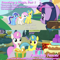 Size: 1920x1920 | Tagged: safe, derpibooru import, edit, edited screencap, editor:itsmgh1203, screencap, lemon hearts, minuette, twilight sparkle, twinkleshine, unicorn twilight, pony, unicorn, amending fences, friendship is magic, season 1, season 5, bag, book, cake, female, food, mare, open mouth, open smile, present, saddle bag, smiling, text