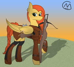Size: 2472x2256 | Tagged: safe, artist:maître cervidé, derpibooru import, oc, oc:flame fever, pegasus, armor, axe, braid, crossbow, leather, leather armor, long mane, scar, tail, weapon, wings