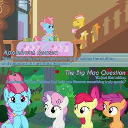 Size: 1920x1920 | Tagged: safe, derpibooru import, edit, edited screencap, editor:itsmgh1203, screencap, apple bloom, carrot cake, cup cake, scootaloo, sweetie belle, earth pony, pegasus, pony, unicorn, applebuck season, season 1, season 9, the big mac question, spoiler:s09, apple bloom's bow, bow, cutie mark crusaders, eyes closed, female, filly, foal, grin, hair bow, male, mare, mouth hold, open mouth, open smile, smiling, stallion, sugarcube corner, text