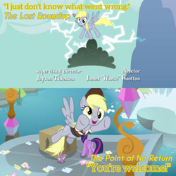 Size: 1920x1920 | Tagged: safe, derpibooru import, edit, edited screencap, editor:itsmgh1203, screencap, derpy hooves, spike, twilight sparkle, twilight sparkle (alicorn), alicorn, dragon, pegasus, pony, season 2, season 9, the last roundup, the point of no return, box, cloud, female, flying, male, mare, open mouth, open smile, school of friendship, smiling, spread wings, text, winged spike, wings
