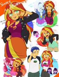 Size: 1851x2408 | Tagged: safe, artist:ameame_trine, derpibooru import, flash sentry, pinkie pie, sci-twi, sunset shimmer, trixie, twilight sparkle, equestria girls, equestria girls (movie), equestria girls series, forgotten friendship, friendship games, legend of everfree, sunset's backstage pass!, spoiler:eqg series (season 2), choker, clothes, cravat, geode of empathy, geode of sugar bombs, hoodie, jacket, leather, leather jacket, lipstick, magical geodes, nail polish, one eye closed, sad, shirt, skirt, speech bubble, sweat, sweatdrop, t-shirt, teary eyes, wink