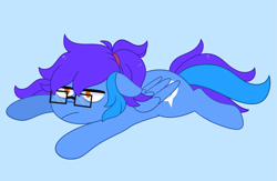 Size: 1783x1166 | Tagged: safe, artist:emera33, derpibooru import, oc, oc only, oc:angley, pegasus, pony, commission, female, glasses, hair tie, lying down, mare, ponytail, prone, simple background, solo, sploot, tired, ych result