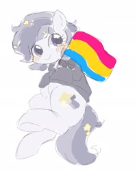 Size: 1640x2048 | Tagged: safe, artist:ginmaruxx, derpibooru import, oc, oc only, earth pony, pony, blushing, clothes, flag, looking at you, pansexual pride flag, pride, pride flag, simple background, solo, underhoof, white background