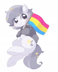 Size: 1640x2048 | Tagged: safe, artist:ginmaruxx, derpibooru import, oc, oc only, earth pony, pony, blushing, clothes, eye clipping through hair, flag, looking at you, pansexual pride flag, pride, pride flag, simple background, solo, underhoof, white background