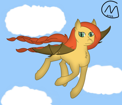 Size: 3200x2777 | Tagged: safe, artist:maître cervidé, derpibooru import, oc, oc:flame ferver, bat pony, cloud, flying, long mane, scar, sky, solo, tail