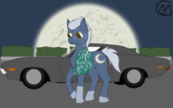 Size: 4682x2922 | Tagged: safe, artist:maître cervidé, derpibooru import, oc, earth pony, bush, car, clothes, moon, solo, sunglasses