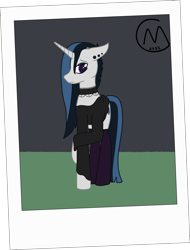 Size: 3196x4211 | Tagged: safe, artist:maître cervidé, derpibooru import, oc, oc only, oc:justice star, pony, unicorn, choker, clothes, ear piercing, female, goth, gothic, hair over one eye, picture, piercing, shy, socks, solo, teenager