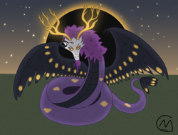 Size: 4237x3200 | Tagged: safe, artist:maître cervidé, derpibooru import, oc, oc:librarian, original species, snake, antlers, chaos, creature, eclipse, feather, male, night, wings