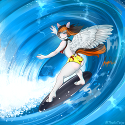 Size: 4341x4341 | Tagged: safe, artist:thaliati, derpibooru import, oc, oc only, oc:rainy sky, anthro, original species, pegasus, pony, bipedal, clothes, female, gif, paws, see-through, solo, solo female, spread wings, summer, surfboard, surfing, swimsuit, water, wave, wings