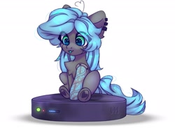 Size: 2959x2183 | Tagged: safe, artist:radioaxi, derpibooru import, oc, oc only, earth pony, pony, :3, :p, ahoge, chest fluff, cybernetic arm, hoof heart, ponies riding roombas, roomba, solo, tongue, tongue out