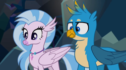 Size: 1600x897 | Tagged: safe, derpibooru import, screencap, gallus, silverstream, classical hippogriff, griffon, hippogriff, what lies beneath, duo, female, jewelry, male, necklace