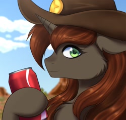 Size: 2113x2000 | Tagged: safe, artist:alunedoodle, derpibooru import, oc, pony, unicorn, bust, commission, cowboy hat, female, hat, high res, looking at you, male, mare, portrait, soda, solo, stallion, ych result