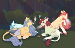 Size: 5371x3467 | Tagged: safe, artist:s0ftserve, derpibooru import, oc, oc:apple turnover, oc:dew point, oc:flower power, oc:nimbus flash, earth pony, pegasus, pony, unicorn, absurd file size, colored wings, drugs, female, lying down, magic, magical lesbian spawn, male, mare, multicolored wings, offspring, parent:big macintosh, parent:misty fly, parent:sky stinger, parent:spitfire, parent:sugar belle, parent:tree hugger, parent:vapor trail, parents:sugarmac, parents:vaporsky, prone, smoking, stallion, wings